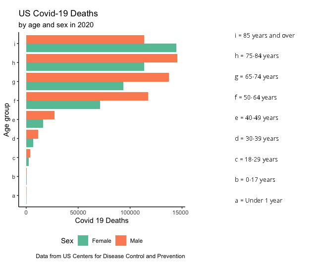 US covid deaths in 2020 by sex and age group