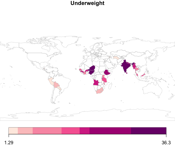 Ratio of underweight children under 5 years by country (2016)